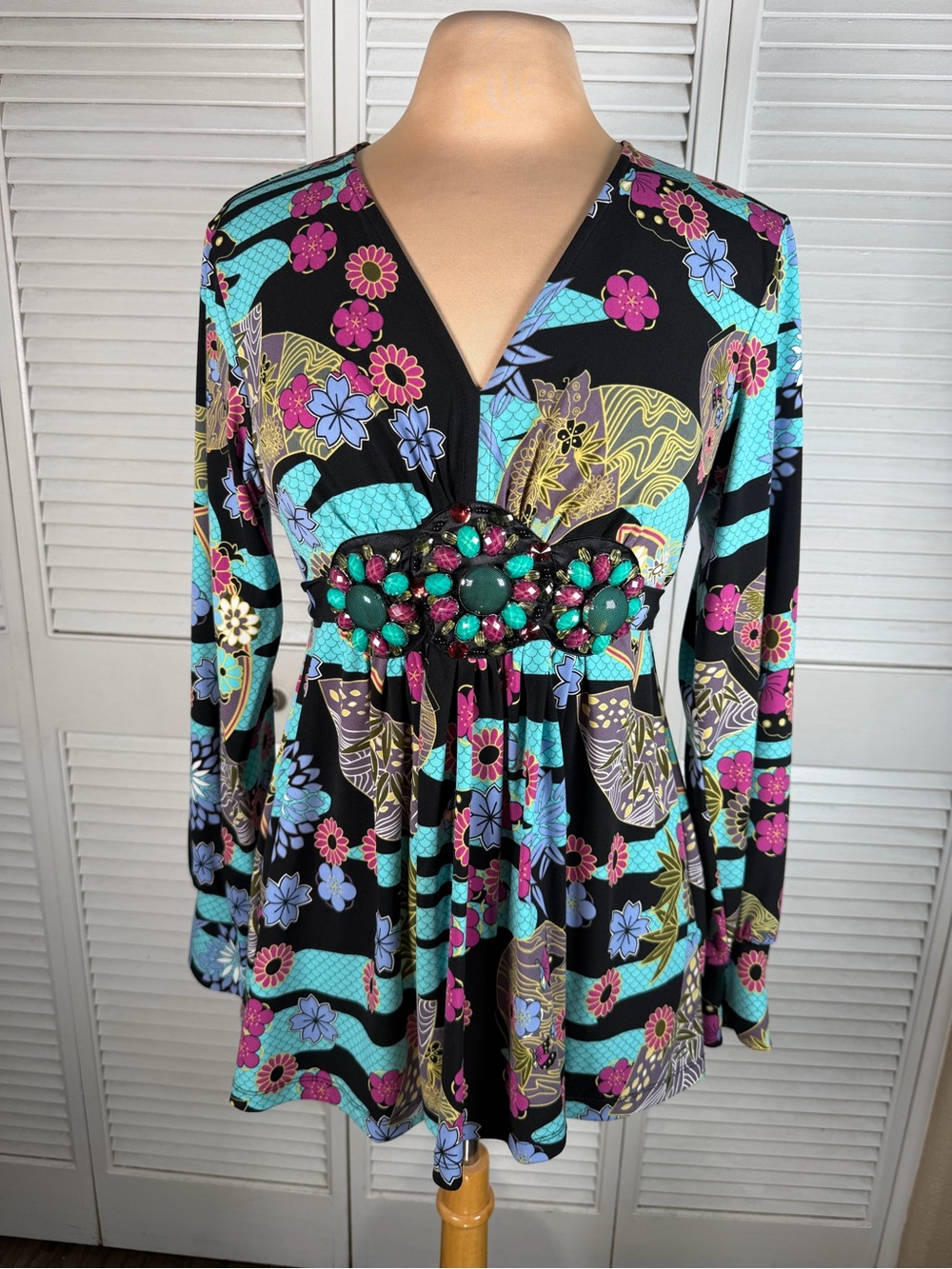 Black Floral Jewel Waist Boho Tunic Top Y2K Boutique Fairy Glam‎